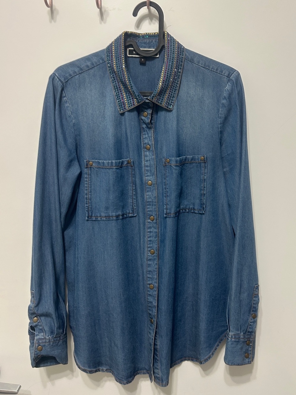 Women’s Denim Button-Down Shirt with Beaded Collar